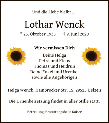 Traueranzeige von Lothar Wenck von UEL