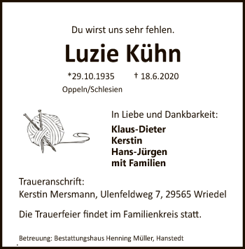 Traueranzeige von Luzie Kühn von UEL