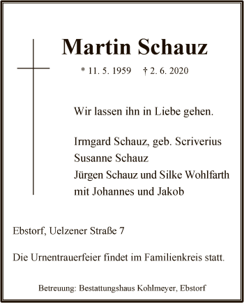 Traueranzeige von Martin Schauz von UEL