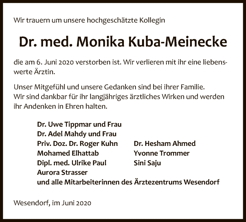  Traueranzeige für Monika Kuba-Meinecke vom 13.06.2020 aus UEL