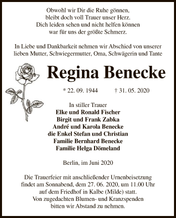 Traueranzeige von Regina Benecke von UEL
