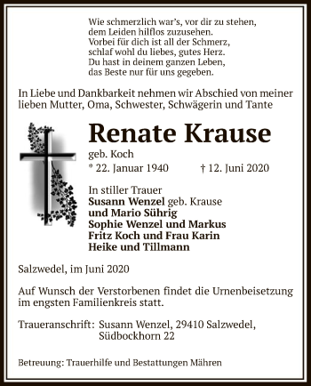 Traueranzeige von Renate Krause von UEL