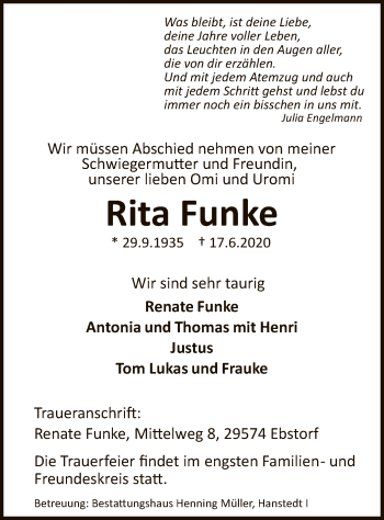 Traueranzeige von Rita Funke von UEL