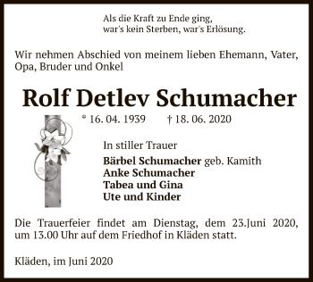 Traueranzeige von Rolf Detlev Schumacher von UEL