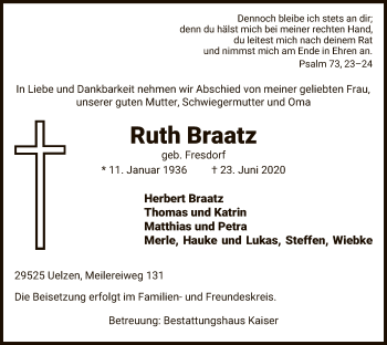 Traueranzeige von Ruth Braatz von UEL