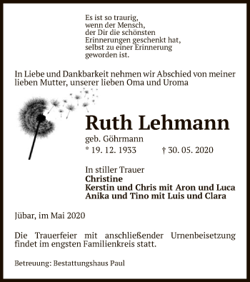 Traueranzeige von Ruth Lehmann von UEL