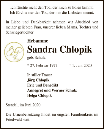 Traueranzeige von Sandra Chlopik von UEL