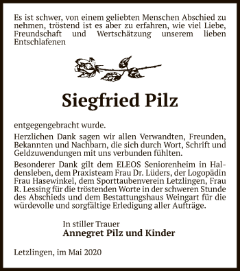 Traueranzeige von Siegfried Pilz von UEL