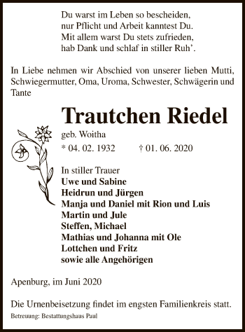 Traueranzeige von Trautchen Riedel von UEL