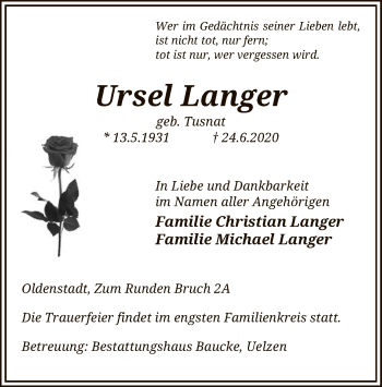 Traueranzeige von Ursel Langer von UEL