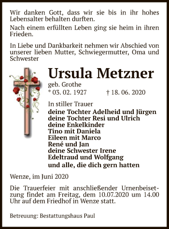 Traueranzeige von Ursula Metzner von UEL