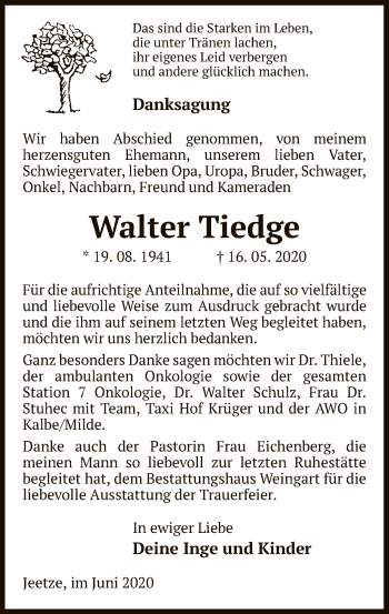 Traueranzeige von Walter Tiedge von UEL