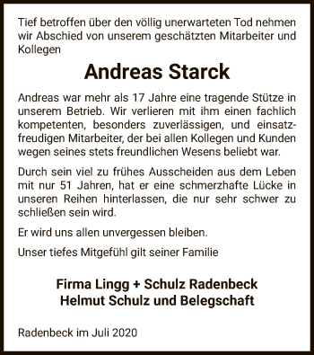 Traueranzeige von Andreas Starck von UEL