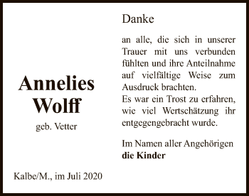 Traueranzeige von Annelies Wolff von UEL