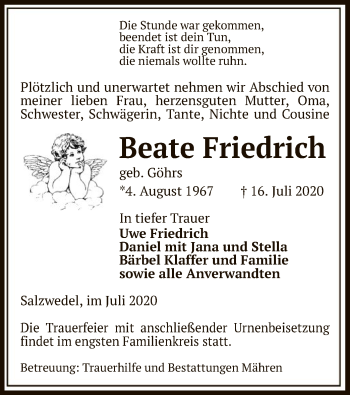 Traueranzeige von Beate Friedrich von UEL