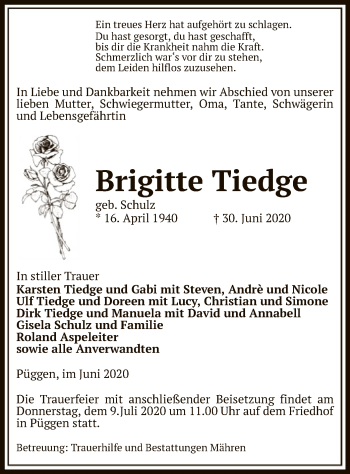 Traueranzeige von Brigitte Tiedge von UEL