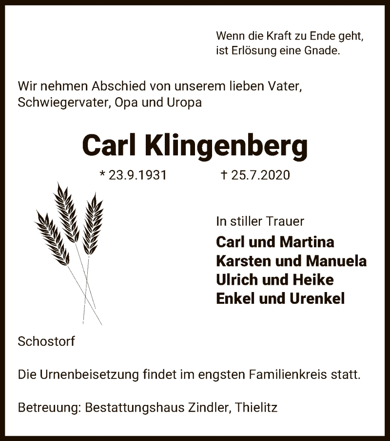  Traueranzeige für Carl Klingenberg vom 28.07.2020 aus UEL