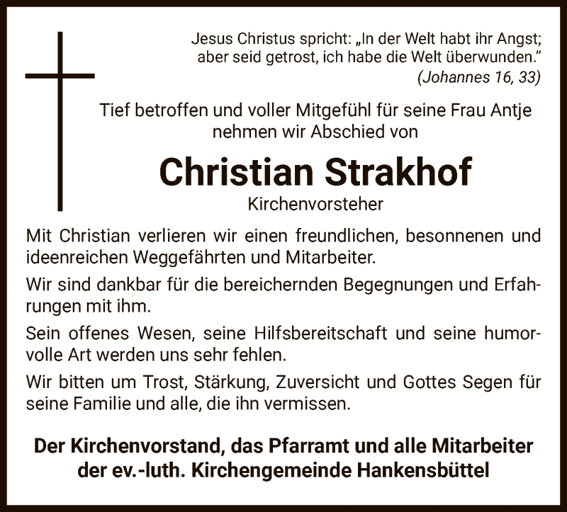  Traueranzeige für Christian Strakhof vom 21.07.2020 aus UEL