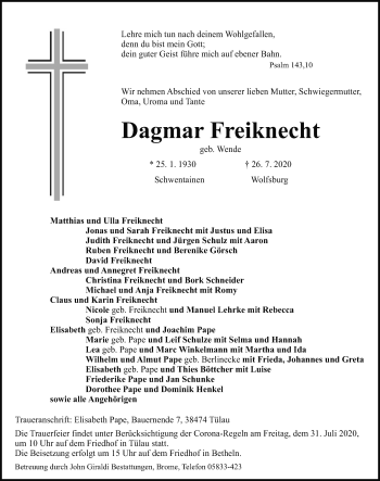 Traueranzeige von Dagmar Freiknecht von UEL