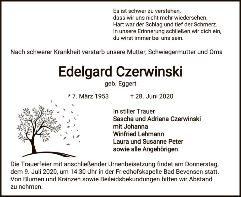  Traueranzeige für Edelgard Czerwinski vom 08.07.2020 aus UEL