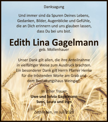 Traueranzeige von Edith Lina Gagelmann von UEL