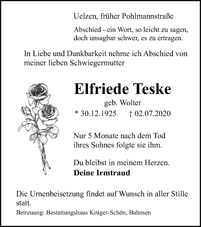  Traueranzeige für Elfriede Teske vom 04.07.2020 aus UEL