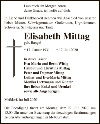 Traueranzeige von Elisabeth Mittag von UEL