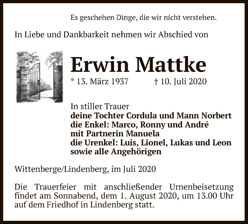  Traueranzeige für Erwin Mattke vom 18.07.2020 aus UEL