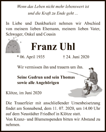 Traueranzeige von Franz Uhl von UEL