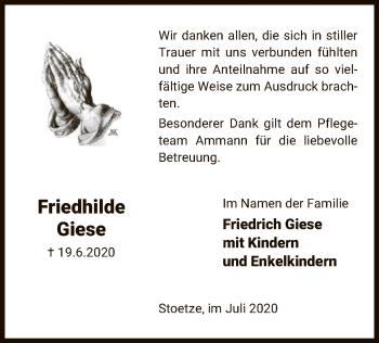 Traueranzeige von Friedhilde Giese von UEL