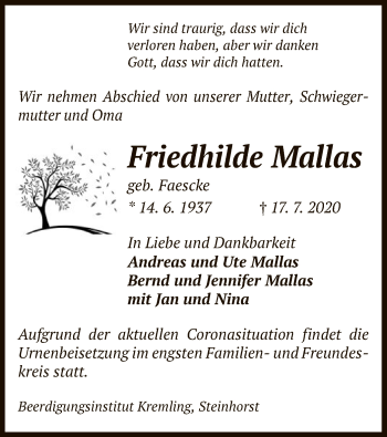 Traueranzeige von Friedhilde Mallas von UEL