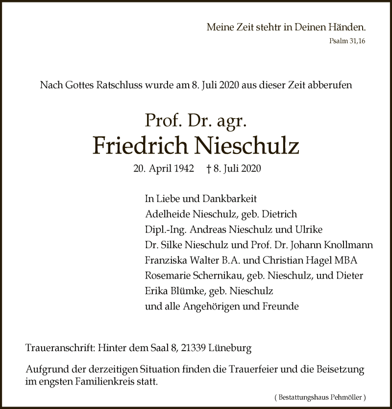  Traueranzeige für Friedrich Nieschulz vom 11.07.2020 aus UEL