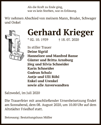 Traueranzeige von Gerhard Krieger von UEL