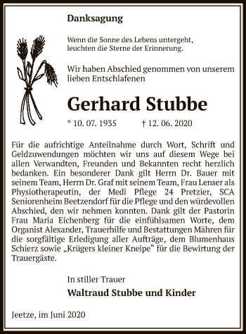 Traueranzeige von Gerhard Stubbe von UEL