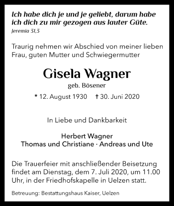Traueranzeige von Gisela Wagner von UEL
