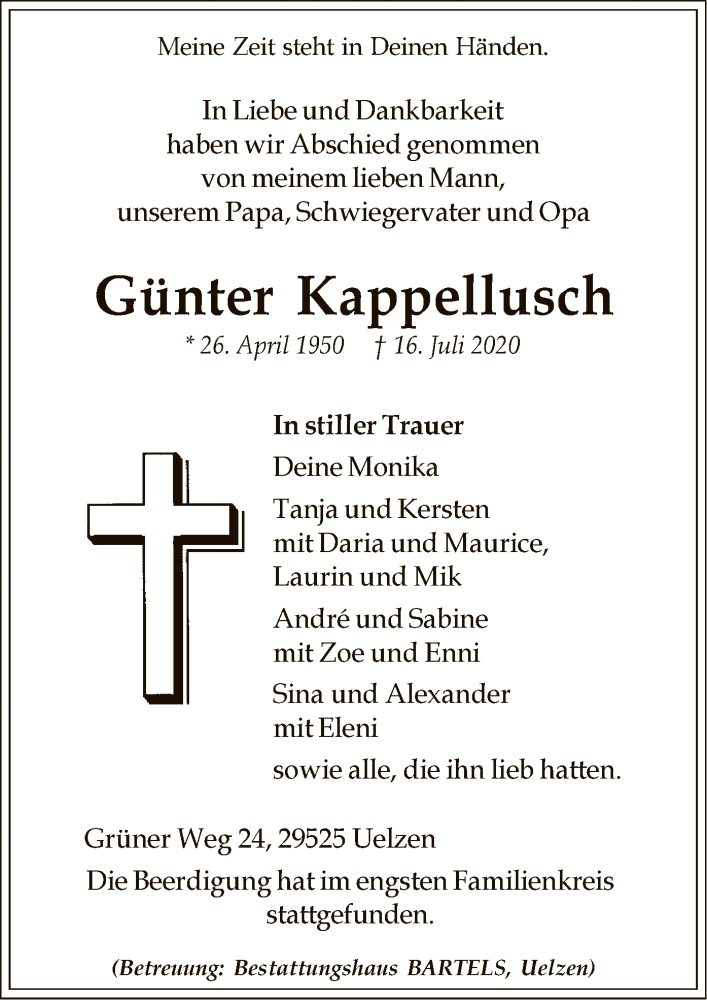  Traueranzeige für Günter Kappellusch vom 25.07.2020 aus UEL