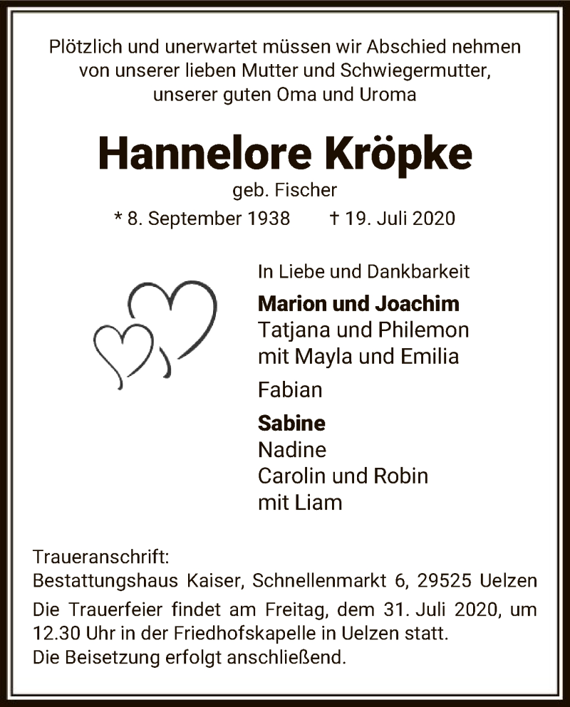  Traueranzeige für Hannelore Kröpke vom 25.07.2020 aus UEL