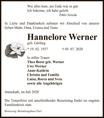 Traueranzeige von Hannelore Werner von UEL