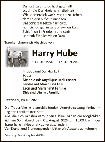 Traueranzeige von Harry Hube von UEL