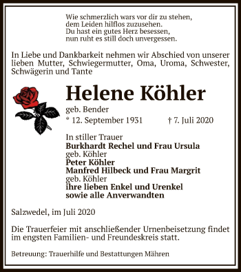 Traueranzeige von Helene Köhler von UEL