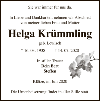 Traueranzeige von Helga Krümmling von UEL