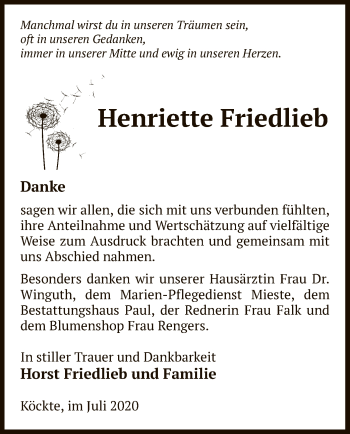 Traueranzeige von Henriette Friedlieb von UEL