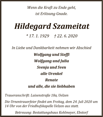 Traueranzeige von Hildegard Szameitat von UEL