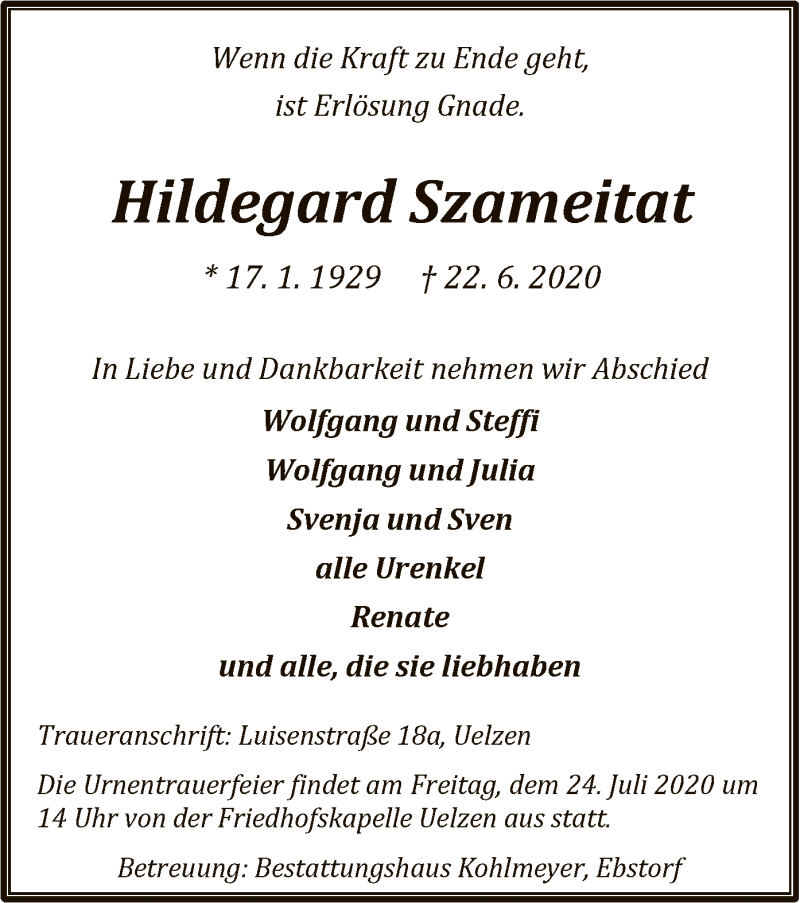  Traueranzeige für Hildegard Szameitat vom 11.07.2020 aus UEL