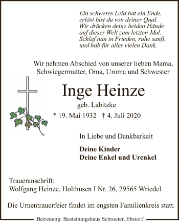 Traueranzeige von Inge Heinze von UEL