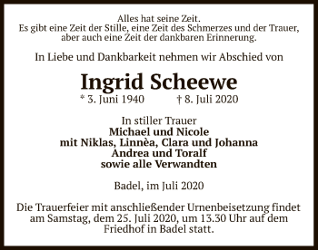 Traueranzeige von Ingrid Scheewe von UEL