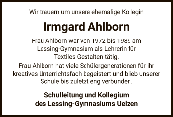 Traueranzeige von Irmgard Ahlborn von UEL
