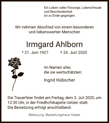 Traueranzeige von Irmgard Ahlborn von UEL