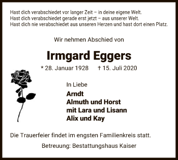 Traueranzeige von Irmgard Eggers von UEL