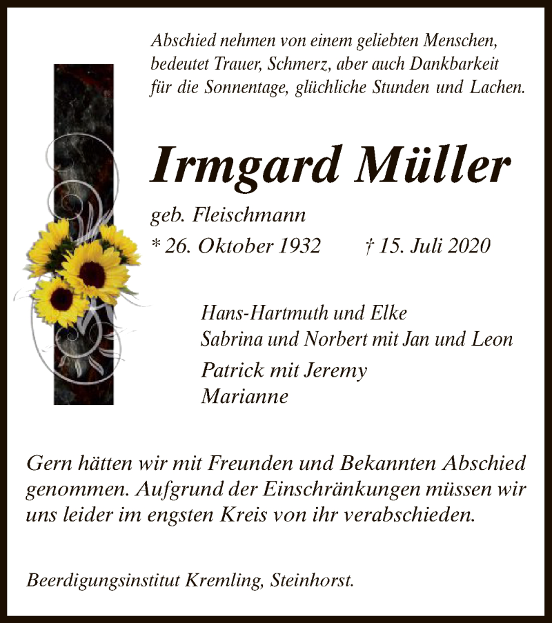  Traueranzeige für Irmgard Müller vom 20.07.2020 aus UEL